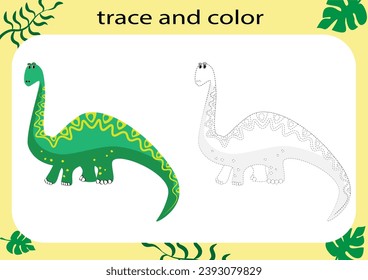 Trace and color the cartoon dinosaur. Handwriting practice for kids. Educational worksheet for children. Printable worksheet. Vector illustration.
