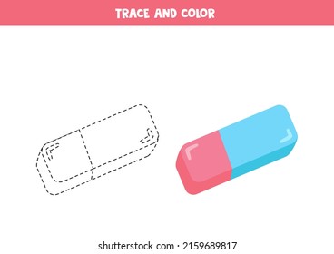 Trace and color cartoon eraser. Worksheet for children.