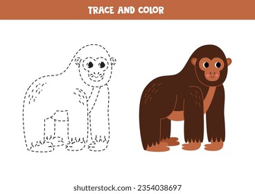 Gorila de trazas y dibujos animados a color. Hoja de trabajo para niños.