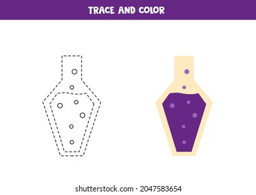 Trace and color cartoon Halloween potion. Educational game for kids. Writing and coloring practice.