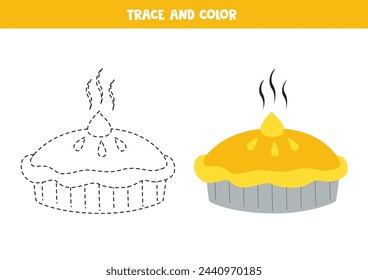 Trace and color cartoon hot pie. Worksheet for preschool kids.