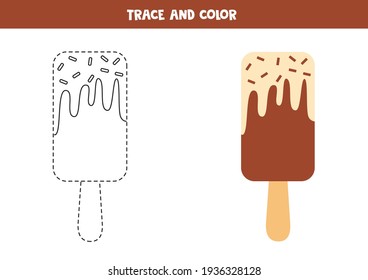 Trace and color cartoon ice cream. Educational game for kids. Writing and coloring practice.