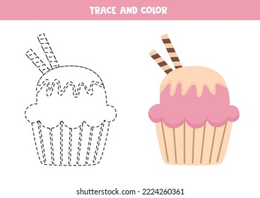Trace and color cartoon pink cupcake. Worksheet for kids.