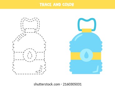 Trace and color cartoon plastic bottle. Worksheet for children.