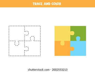 Trace and color cartoon puzzle. Educational game for kids. Writing and coloring practice.