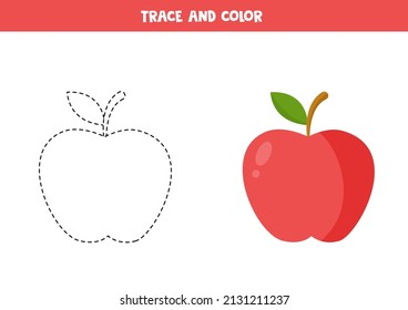 Trace and color cartoon red apple. Worksheet for children.