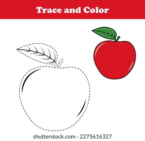 Trace and color cartoon red apple. Worksheet for children.