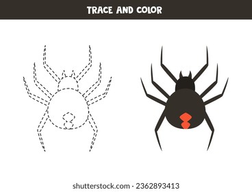 Trace and color cartoon red back spider. Worksheet for children.