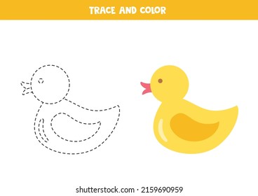 Trace and color cartoon rubber duckling. Worksheet for children.