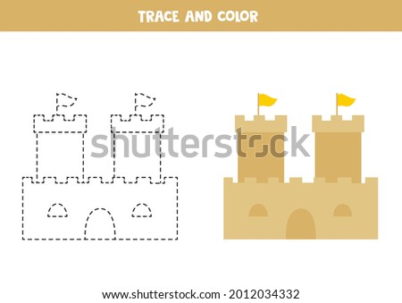 Trace and color cartoon sand castle. Educational game for kids. Writing and coloring practice.
