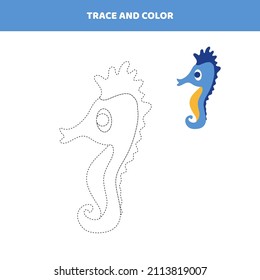 Trace and color a cartoon sea ​​Horse. Worksheet for kids.