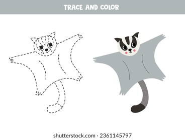 Trace and color cartoon sugar glider. Worksheet for children.