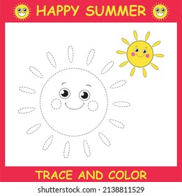 Trace and color cartoon Sun. Worksheet for children.summer activities .