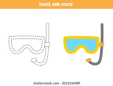 Trace and color cartoon underwater mask. Educational game for kids. Writing and coloring practice.