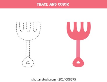 Trace and color cartoon underwater rake. Educational game for kids. Writing and coloring practice.