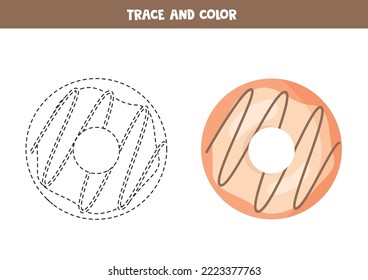 Trace and color cartoon vanilla doughnut. Worksheet for kids.