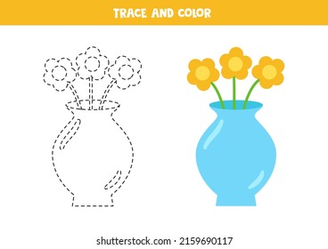 Trace and color cartoon vase with flower. Worksheet for children.