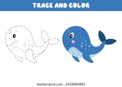 Trace and color cartoon vector blue whale. Educational coloring book. Handwriting practice for preschoolers. Educational cards for children. Educational worksheet for preschoolers.