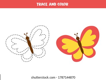 Trace and color cartoon vector butterfly. Educational coloring page. Handwriting practice for preschoolers.