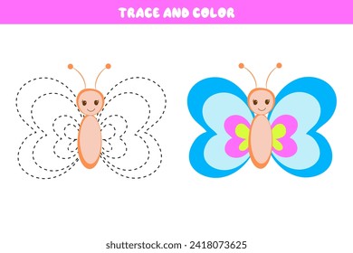 Trace and color cartoon vector butterfly. Educational coloring book. Handwriting practice for preschoolers. Educational cards for children. Development sheet for preschoolers.