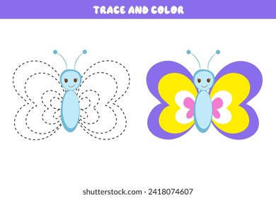 Trace and color cartoon vector butterfly. Educational coloring book. Handwriting practice for preschoolers. Educational cards for children. Development sheet for preschoolers.