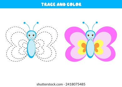 Trace and color cartoon vector butterfly. Educational coloring book. Handwriting practice for preschoolers. Educational cards for children. Development sheet for preschoolers.