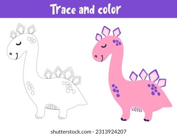 Trace and color cartoon vector dragon. Educational coloring page. Coloring book with cute dinosaur. Handwriting practice for preschoolers.