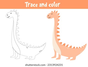 Trace and color cartoon vector dragon. Educational coloring page. Coloring book with cute dinosaur. Handwriting practice for preschoolers.