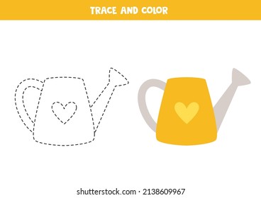 Trace And Color Cartoon Watering Can. Worksheet For Children.