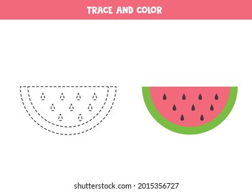 Spur und Farbe Cartoon Wassermelone. Erziehungsspiel für Kinder. Schreibübungen und Farbübungen.