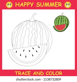 Trace and color cartoon watermelon Worksheet for children. summer activities .