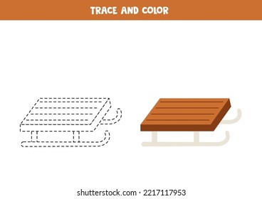 Trace and color cartoon wooden sledge. Worksheet for kids.