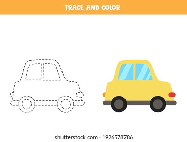 Trace and color cartoon yellow car. Educational game for kids. Writing and coloring practice.