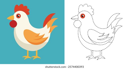 Trace and Color Chicken. Hand Drawing Exercises For Kids. Worksheet For Preschool. Hen Cartoon Vector Design