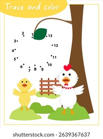 Trace and color with chickens. Сonnect the dots by numbers. Hand Trainer. Recipe for children.