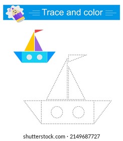 Rastreo y color para niños. El barco, vector. Hoja de trabajo de preescolar para practicar buenas habilidades motoras. Diseño plano. 