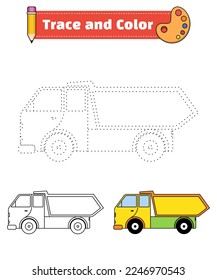 Trace and color for children, coloring page or book, truck vector illustration. Isolated white background.