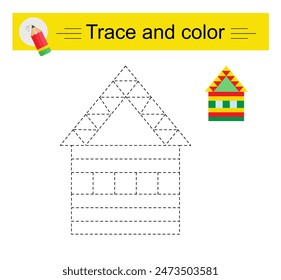 Trace and color for children. Preschool worksheet for practicing fine motor skills. Cartoon house. 