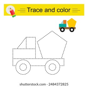 Trace and color for children. Preschool worksheet for practicing fine motor skills. Cartoon truck. 