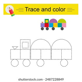 Trace and color for children. Preschool worksheet for practicing fine motor skills. Cartoon locomotive. 