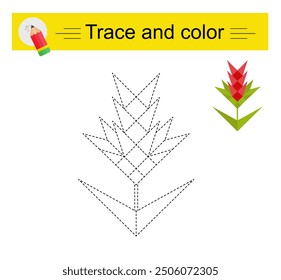 Trace and color for children. Preschool worksheet for practicing fine motor skills. Cartoon red flower. 