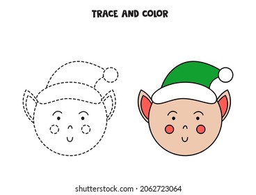 Trace and color Christmas elf. Educational game for kids. Writing and coloring practice.