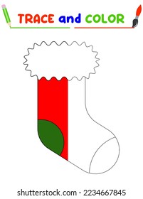 Rastrear y colorear el calcetín de navidad. Una hoja de capacitación para niños de preescolar. Tareas educativas para niños. Libro de Colores de media.