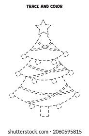Trace and color Christmas tree. Educational game for kids. Writing and coloring practice.