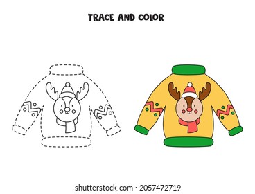 Trace and color Christmas ugly sweater. Educational game for kids. Writing and coloring practice.