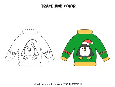 Trace and color Christmas ugly sweater. Educational game for kids. Writing and coloring practice.