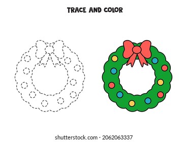 Trace and color Christmas wreath. Educational game for kids. Writing and coloring practice.