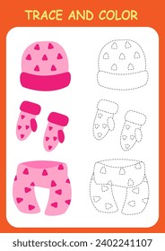 Trace and color the clothes, hat, scarf and mittens. Coloring book for preschool children. Handwriting practice.