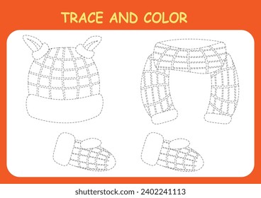 Trace and color the clothes, hat, scarf and mittens. Coloring book for preschool children. Handwriting practice.