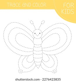 Libro de seguimiento y coloreado con mariposa para niños. Página de coloreo con caricatura mariposa. Ilustración cuadrada vectorial.